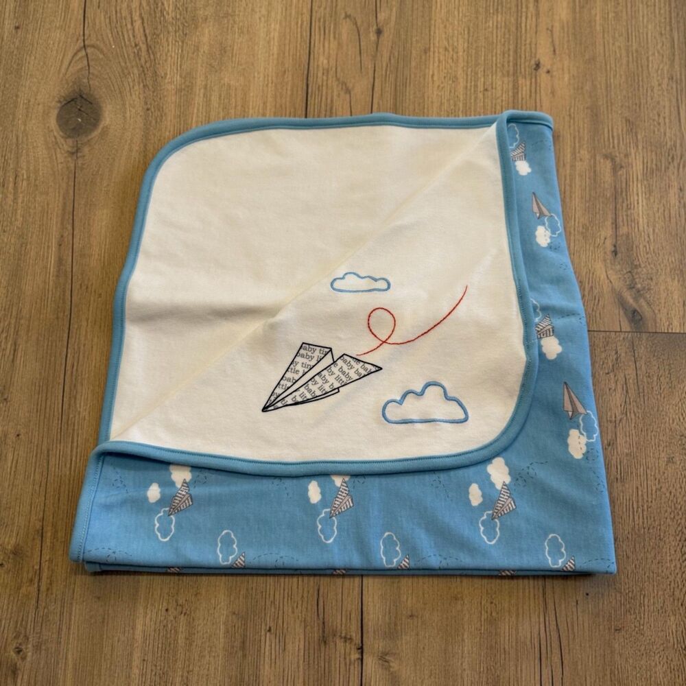 GYMBOREE Baby Blue Paper Airplane Clouds Baby Blanket 2014 27" X 28" Reversible
